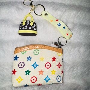 Multicolor Monogram Coin Pouch with Bag Charm or Keychain set- NEW